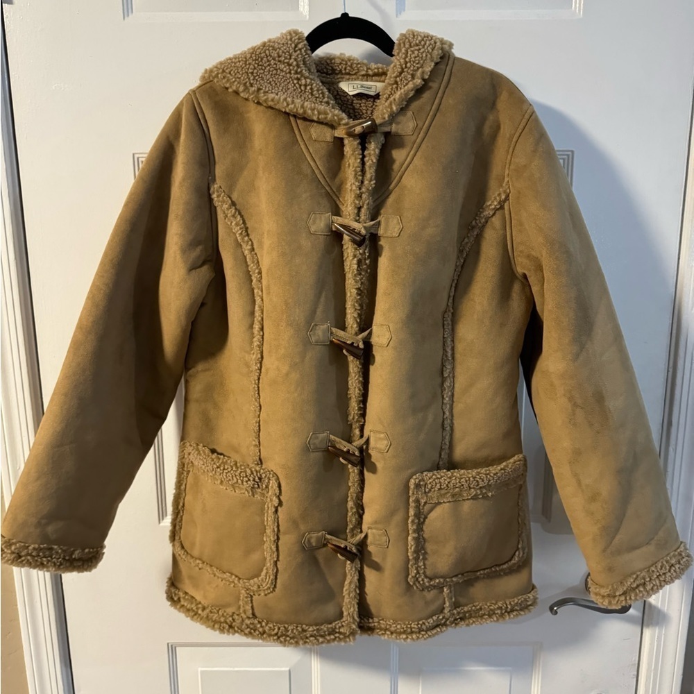 LL Bean Suede Sherpa Lined Hooded Toggle Coat VTG Boho Rancher Penny Lane Indie